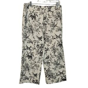 100% Linen cream bird floral pants size 8 NWOT‎